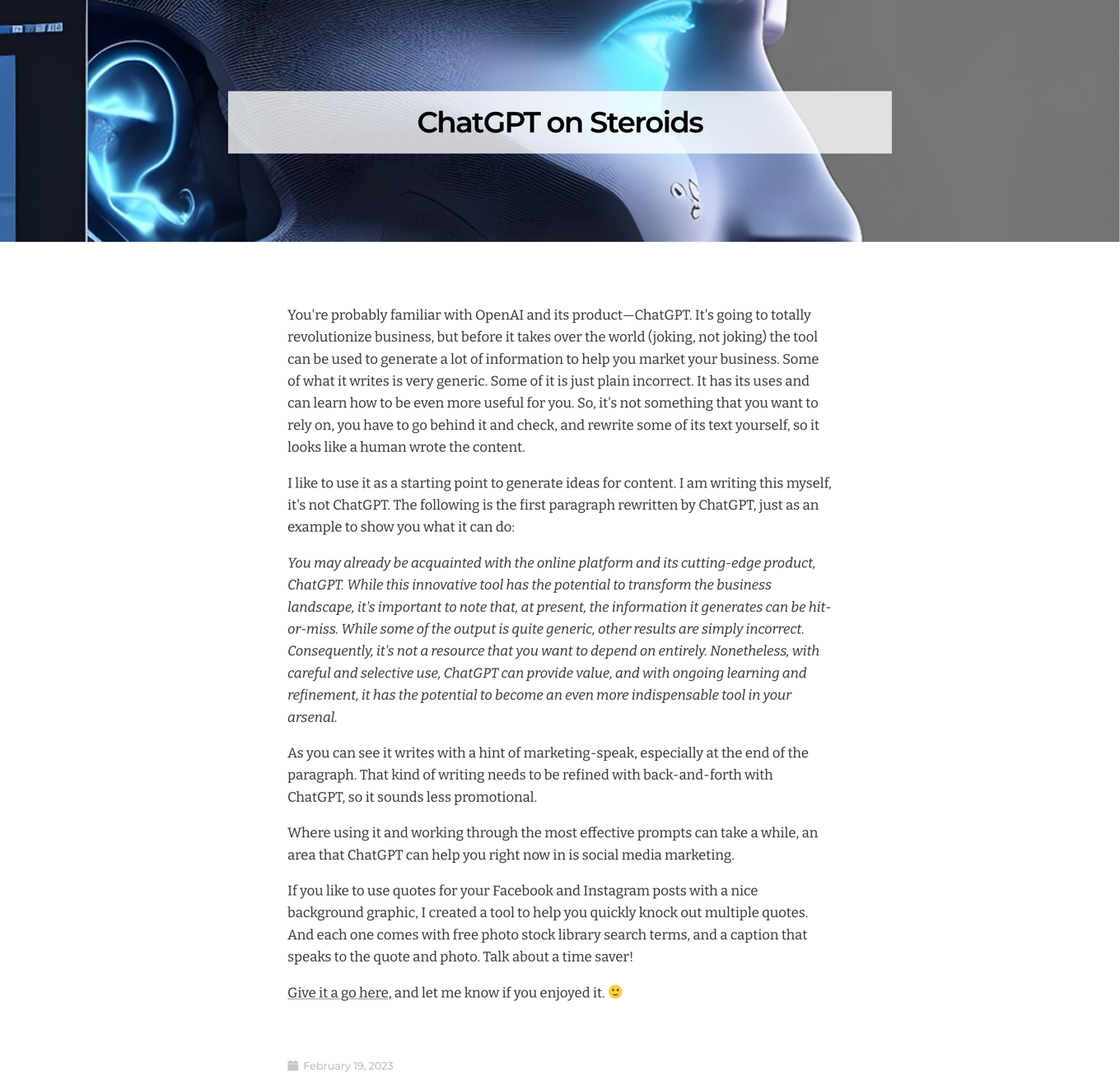 Screenshot of the original ChatGPT on Steroids blog post as it appeared on the Fran Jeanes WordPress site in February 2023, with the original styling and text.